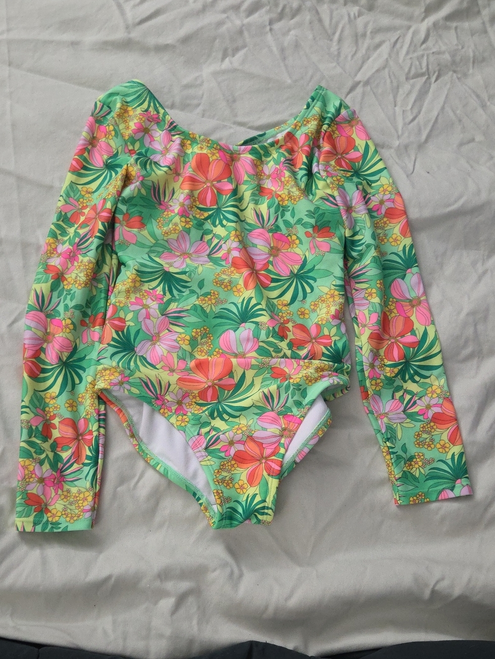 Art Class Kids Long Sleeve One-Piece Swimsuit - Green Floral - Size 8
